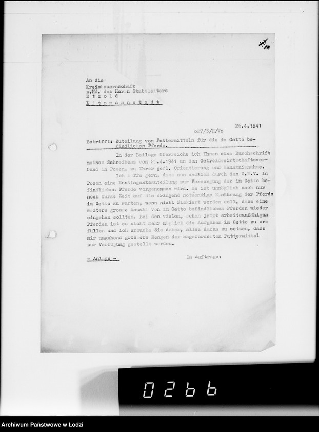 Obraz 15 z jednostki "Zuteilung von Futtermittel für die im Getto befindlichen Pferde."