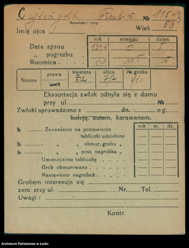 Obraz 4 z jednostki "Kartoteka osób pochowanych na cmentarzu żydowskim przy ulicy Brackiej w latach 1892-1954. Nazwiska na litery: Ca-Choros"