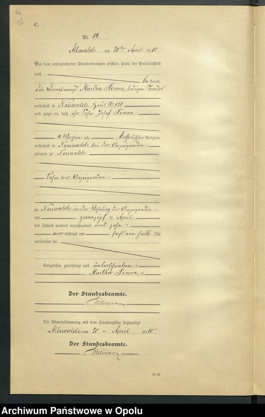 Obraz 19 z jednostki "Sterbe-Register (Neben-Register) Standesamt Altewalde 1910 No. 1 bis 45"