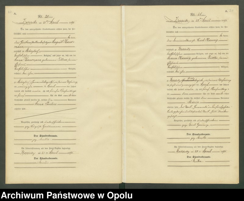 Obraz 13 z jednostki "Geburts-Neben-Register Standesamts Koppitz pro 1895"