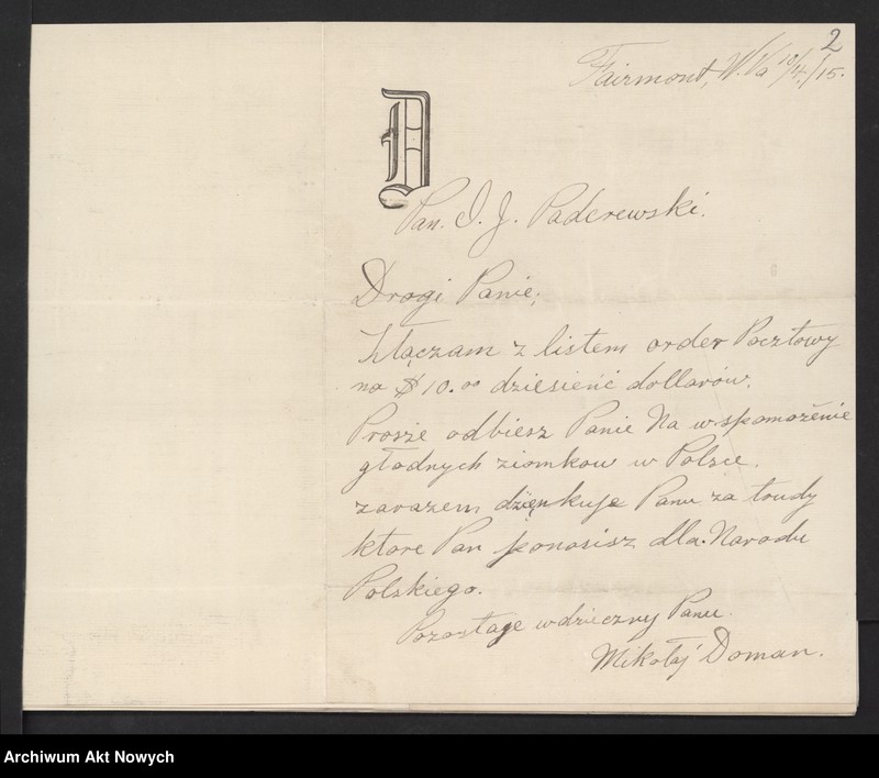 image.from.unit.number "Korespondencja organizacji polonijnych i osób prywatnych ze Stanów Zjednoczonych do I. J. Paderewskiego w sprawie pomocy dla ofiar wojny w Polsce"