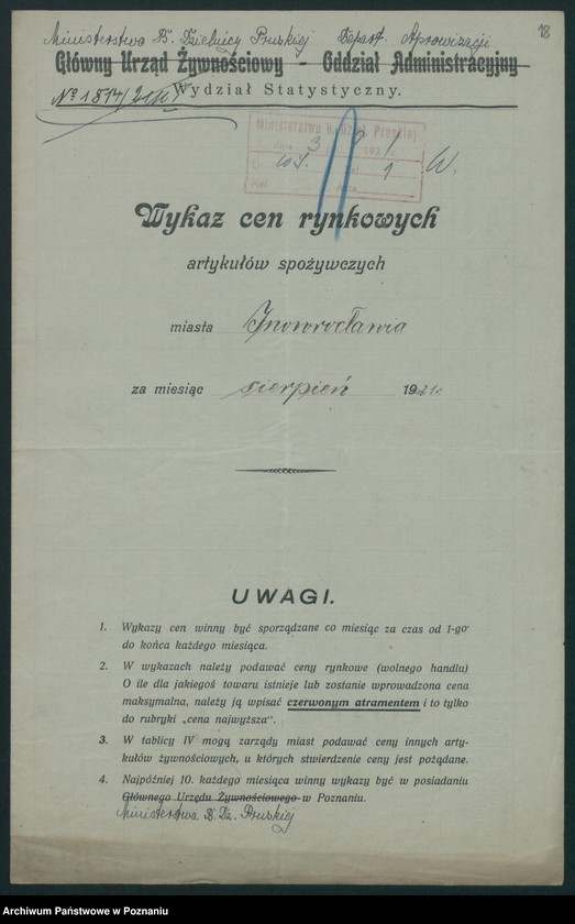 Obraz 17 z jednostki "[Wykazy cen rynkowych artykułów spożywczych w poszczególnych miastach Województwa Poznańskiego za miesiąc sierpień 1921 roku]"