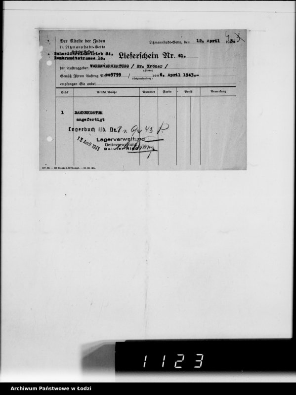 Obraz 8 z jednostki "Warenverwertung. Lager 91. [Aufträge] 5750-5800"