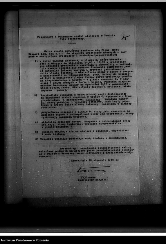 Obraz 19 z jednostki "Zatwierdzenie zakładu przemysłowego /rzeźni Miejskiej/ własność Zarządu Miejskiego w Środzie"