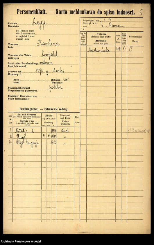 Obraz 7 z jednostki "[Spis ludności Łodzi] Legart - Lemke"