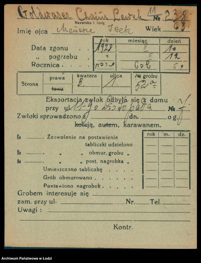 Obraz 12 z jednostki "Kartoteka osób pochowanych na cmentarzu żydowskim przy ulicy Brackiej w latach 1892-1959. Nazwiska na litery: Goldw-Gö"