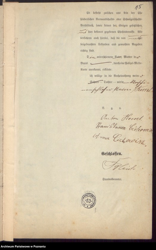 Obraz 17 z jednostki "Die von den Verlobten beigebrachten Urkunden zur Eheschliessung pro 1897"