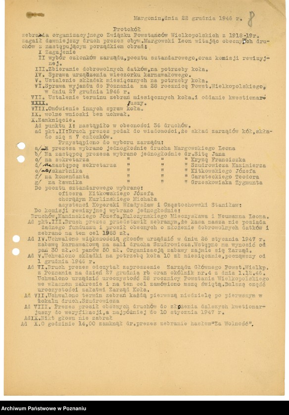 Obraz 11 z jednostki "Współdziałanie Zarządu Głównego Związku Powstańców Wielkopolskich z kołami: 1. Leszno [1947] 2. Łowyń [1946] 3. Margonin [1946-1948] 4. Miejska Górka [1949] 5. Mieszków [1946-1947] 6. Międzychód [1946-1948] 7. Mogilno [1946-1947] 8. Mosina [1946] 9. Mrocza [1947] 10. Nakło [1945-1949] 11. Oborniki [1947] 12. Osieczna [1948] 13. Ostrów Wielkopolski [1946-1947] 14. Piaski [1948] 15. Pleszew [1947-1948] 16. Podolin [1947-1948]"
