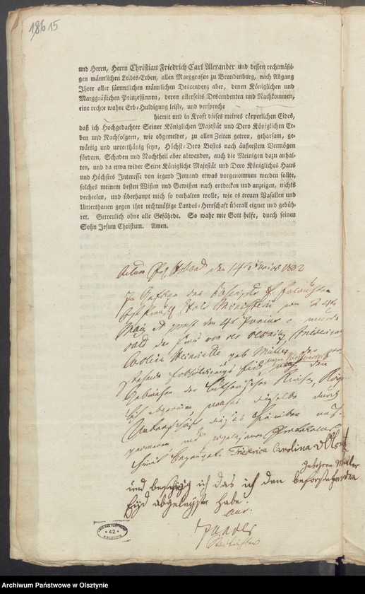 image.from.unit.number "In S. [Sachen] der Friderique Caroline Henriette geschiedene von der Oelsnitz geborene Müller wegen des in Subhastatione voluntaria erkauften Adelichen Guts Kirsteinsdorff [Kiersztanowo] H.[Haupt] Amts Osterode [Ostróda]"