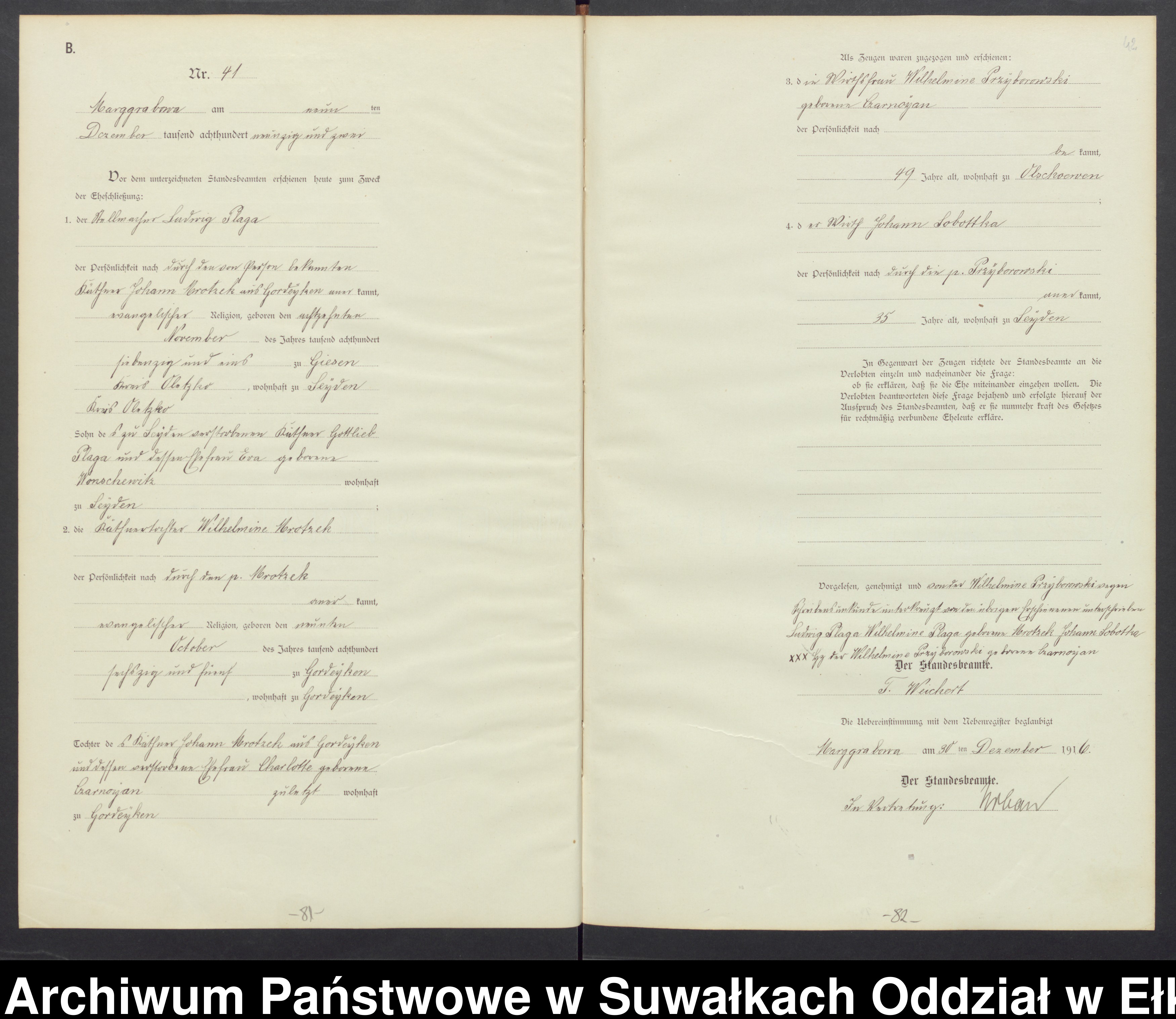Skan z jednostki: B1.Heirats-Register (Haupt-Register)Standesamt Marggrabowa Landbezirk vol.I No1 bis 52
