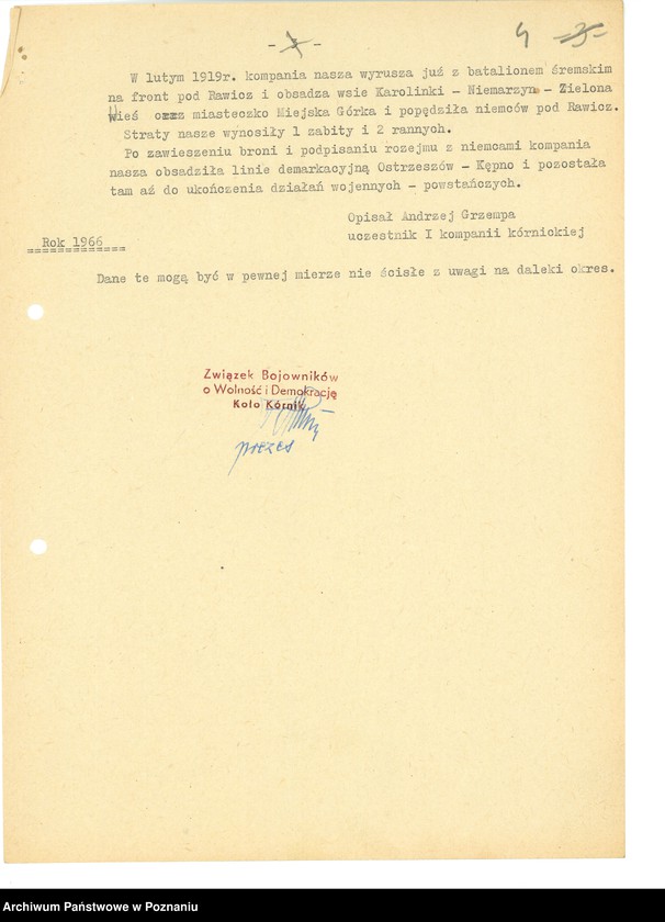 Obraz 15 z jednostki "Relacje i wspomnienia dotyczące powstania wielkopolskiego na terenie Kórnika - Bnina, powiat Śrem, województwo poznańskie."