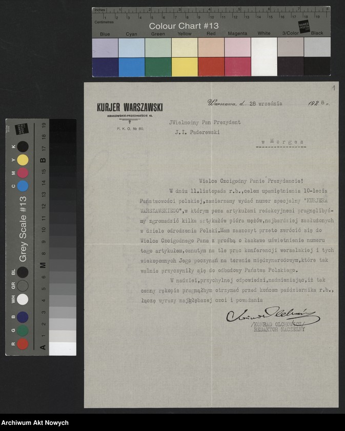 image.from.unit.number "Olchowicz Konrad (redaktor naczelny "Kuriera Warszawskiego"); Załączniki: telegramy do M. Borzęckiego i J. Piątkowskiej - Lübke; L.24 (odpowiedzi - rękopisy, maszynopisy)"