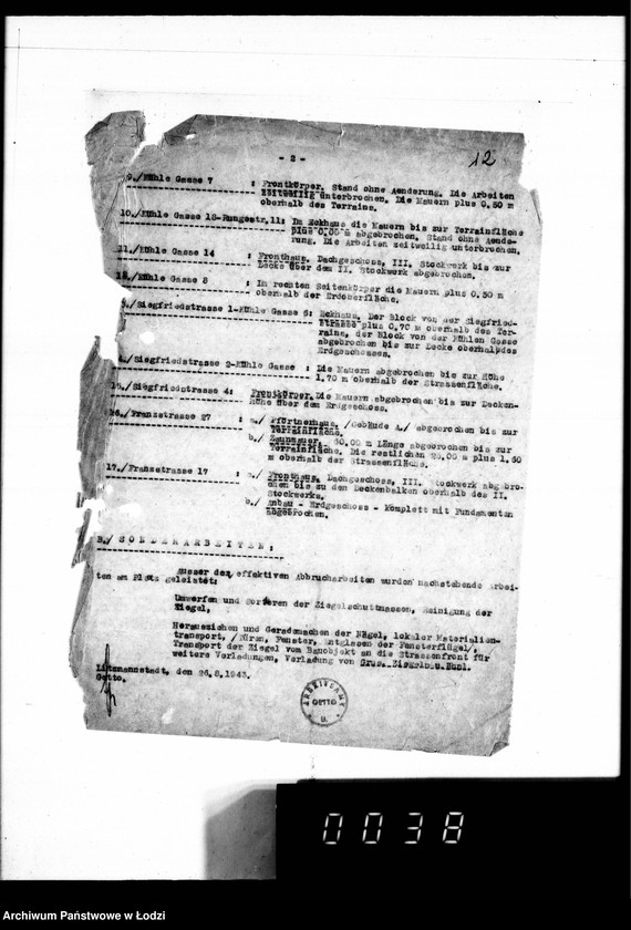 Obraz 16 z jednostki "Abbrüche im Getto. [Korespondencja w sprawie rozbiórki domów w Getcie, miesięczne zestawienia wykonanych prac, wykazy zatrudnionych przy pracach rozbiórkowych]"