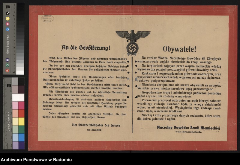 Obraz z jednostki "Obywatele! Na rozkaz Wodza, Naczelnego Dowódcy Sił Zbrojnych wmaszerowały wojska niemieckie do kraju waszego... - odezwa mówiąca o władzy wykonawczej poszczególnych d-ców armii na terenach zajętych i obowiązku podporządkowania się im"