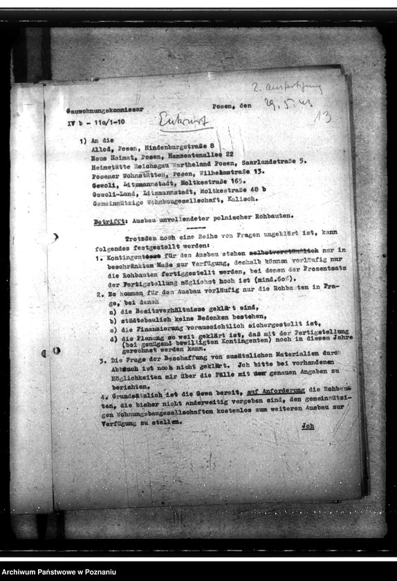 Obraz 19 z jednostki "Fertigstellung unvollendeter polnischer Rohbauten. Grundstücksverkher. Kriegswohnungsbau"