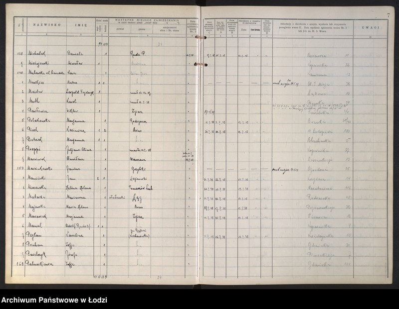 Obraz 11 z jednostki "Księga kontroli ruchu ludności (rejestr osób opuszczających gminę) Łódź, zespół V, lit. M, P"