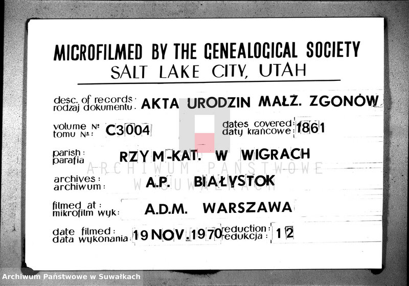 Obraz 1 z jednostki "Duplikat akt urodzonych, zaślubionych i zmarłych parafii wigierskiej w roku 1861"