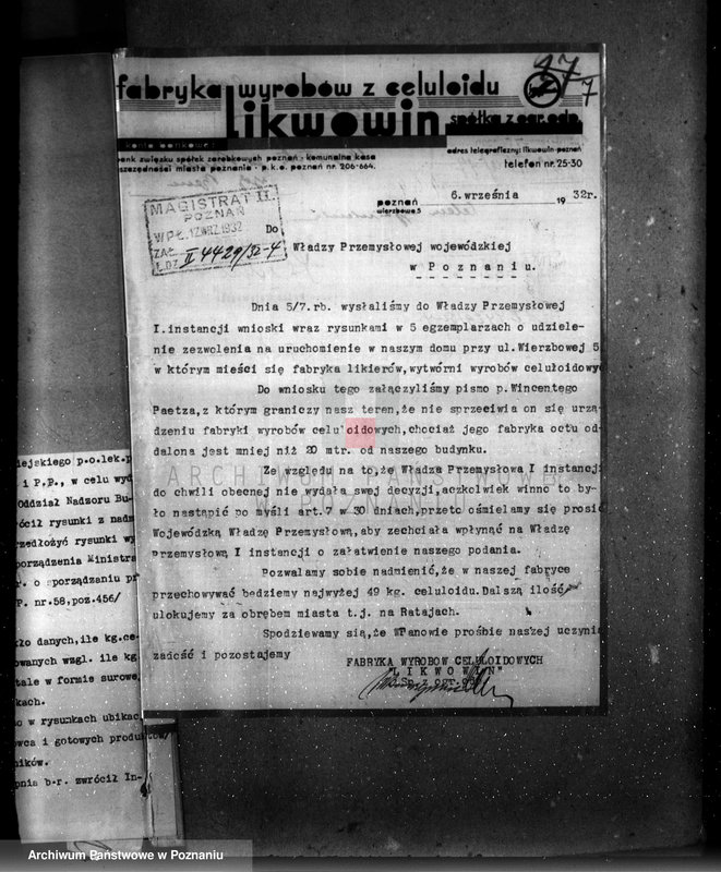 image.from.unit.number "Zatwierdzenie wytwórni z celuloidu Firmy "Likwowin" w Poznaniu nr 566"