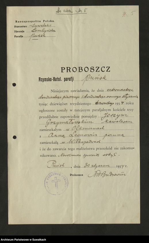 image.from.unit.number "Dokumenty do aktów zaślubionych Rzymsko Katolickiej parafji Smolanskiej za rok 1934"