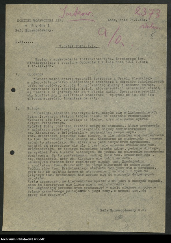 Obraz 6 z jednostki "[Wyciągi] Referatu Sprawozdawczego [dla wydziałów i Komisji Kontroli Partyjnej z protokołów zebrań i sprawozdań instruktorów]"