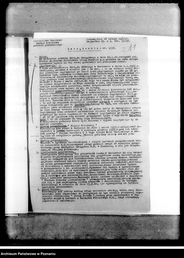 Obraz 15 z jednostki "Zarządzenia i okólniki. Korespondencja dotycząca spraw organizacyjnych i personalnych członków Stronnictwa - powiadomienia o odprawach, zebraniach, zmiany osobowe itp.."