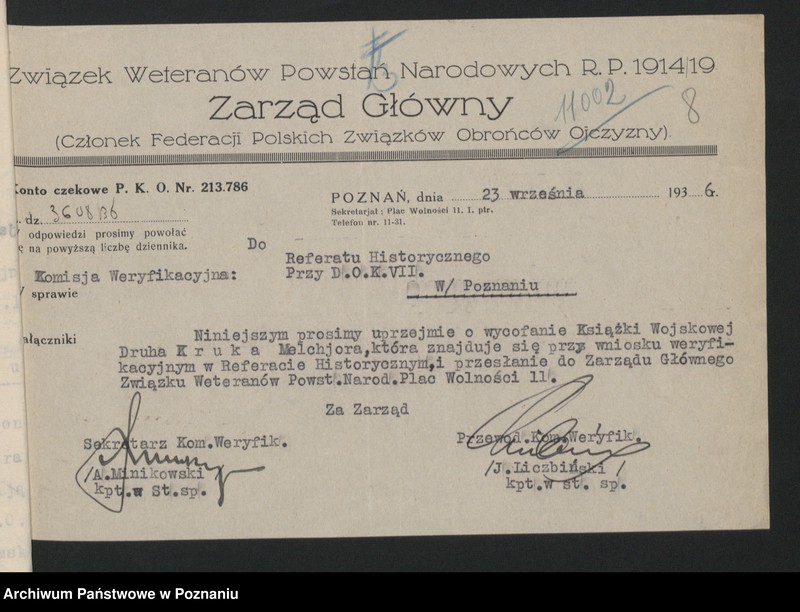 Obraz 14 z jednostki "Komisja Weryfikacyjna Związku Weteranów Powstań Narodowych Rzeczypospolitej Polski - korespondencja."