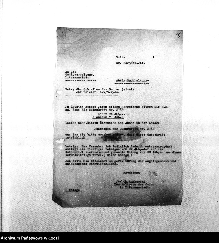 Obraz 18 z jednostki "Sonderkonto [Korespondencja PSŻ z GV w sprawach buchalteryjnych: uznanie konta za przekazane Niemcom mienie żydowskie i dostarczoną siłę roboczą w zamian świadczeń ze strony GV]"