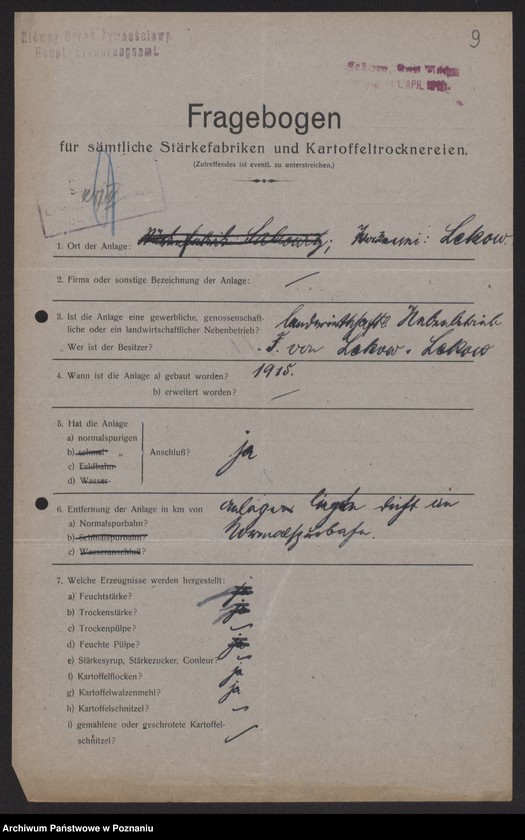 Obraz 11 z jednostki "[Kwestionariusze statystyczne dotyczące suszarni i krochmalni ziemniaków]"