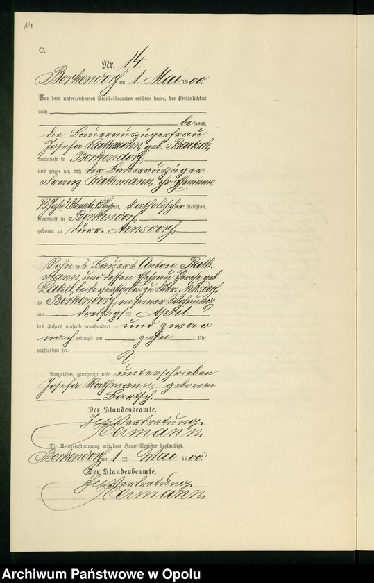 Obraz 18 z jednostki "Sterbe-Neben-Register des Standesamts Borkendorf pro 1900"