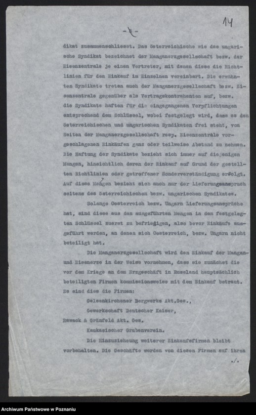 Obraz 16 z jednostki "[Odpisy raportu konsula polskiego w Pradze omawiającego rolnictwo i przemysł czechosłowacki oraz możliwości rozwoju handlu między Rzeszę Niemiecką i Austro-Węgrami a Rosją, w załączeniu schemat organizacyjny urzędów i instytucji centralnych, niemieckich i austrowęgierskich pośredniczących w handlu z Rosją] i inne materiały dotyczące handlu z Rosją"