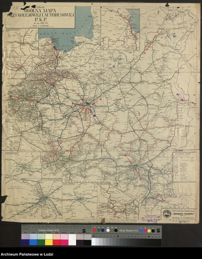 Obraz 1 z jednostki "Ogólna mapa sieci kolejowej i autobusowej Polskich Kolei Państwowych 1:500000 opracowana przez A. Stockiego"
