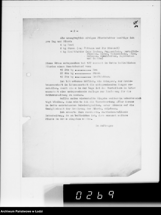 Obraz 18 z jednostki "Zuteilung von Futtermittel für die im Getto befindlichen Pferde."