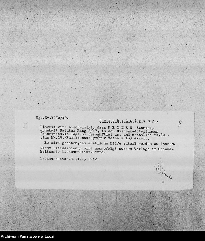 Obraz 11 z jednostki "[Kopie zaświadczeń dla pracowników Wydziałów Ewidencji o zatrudnieniu, wysokości poborów, potrąceniach za komorne, przydziałach żywnościowych i inne]"