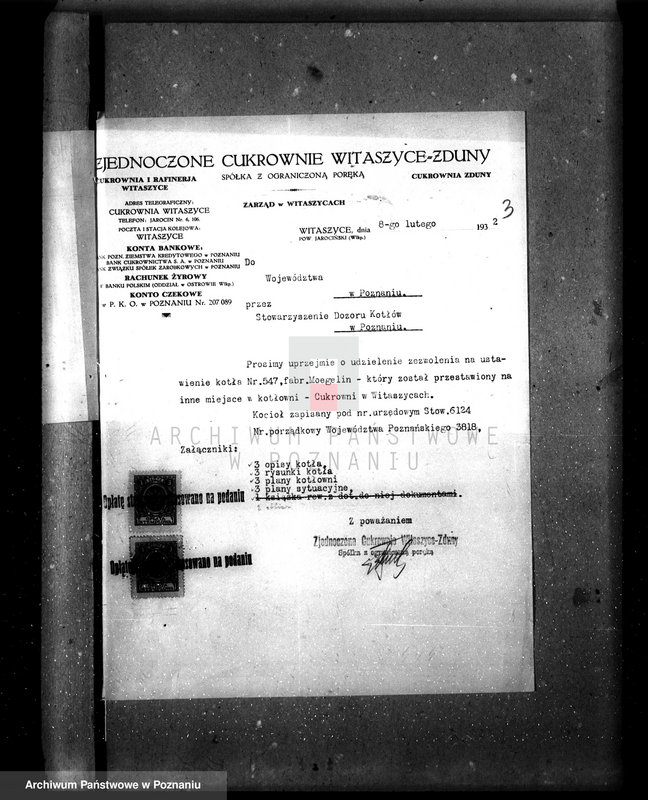 Obraz 7 z jednostki "Cukrownia w Witaszycach pow. jarociński kocioł nr fabr. 547 kocioł nr woj. 3818"