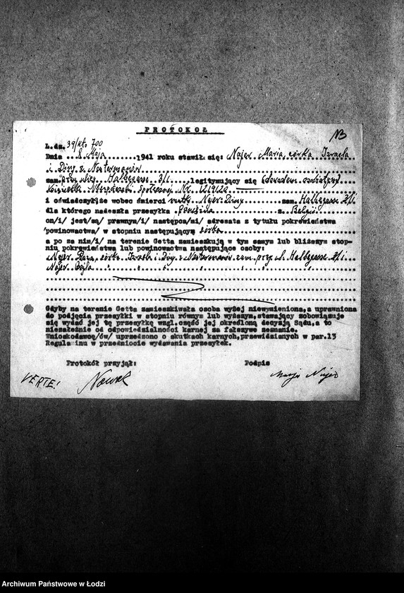 Obraz 16 z jednostki "[Protokoły stwierdzające wydanie przesyłek nadesłanych dla mieszkańców getta]"