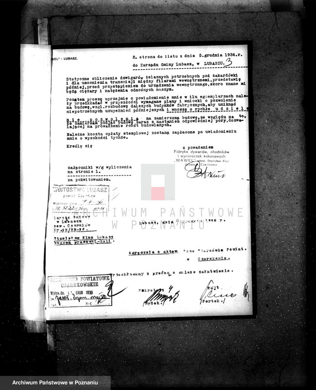 Obraz 12 z jednostki "Zatwierdzenie zakładu przemysłowo /warsztat tkacki firmy Wawel w Lubaszu pow. czarnkowski/"