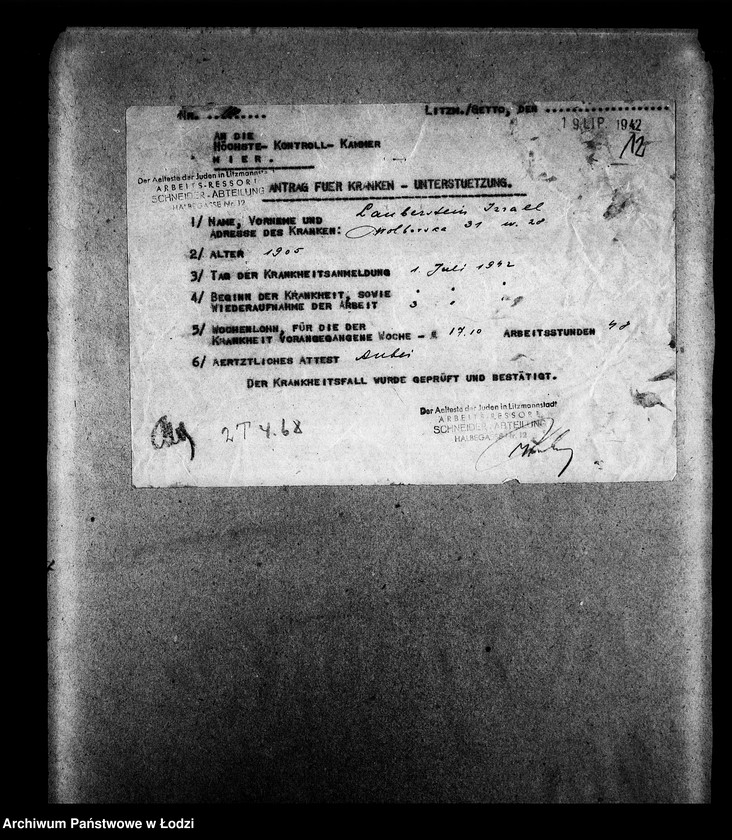 Obraz 15 z jednostki "Schneider-Abteilung, Halbegasse 12 [Zasiłki chorobowe dla pracowników wydziału, listy pracowników, zaświadczenia lekarskie]"