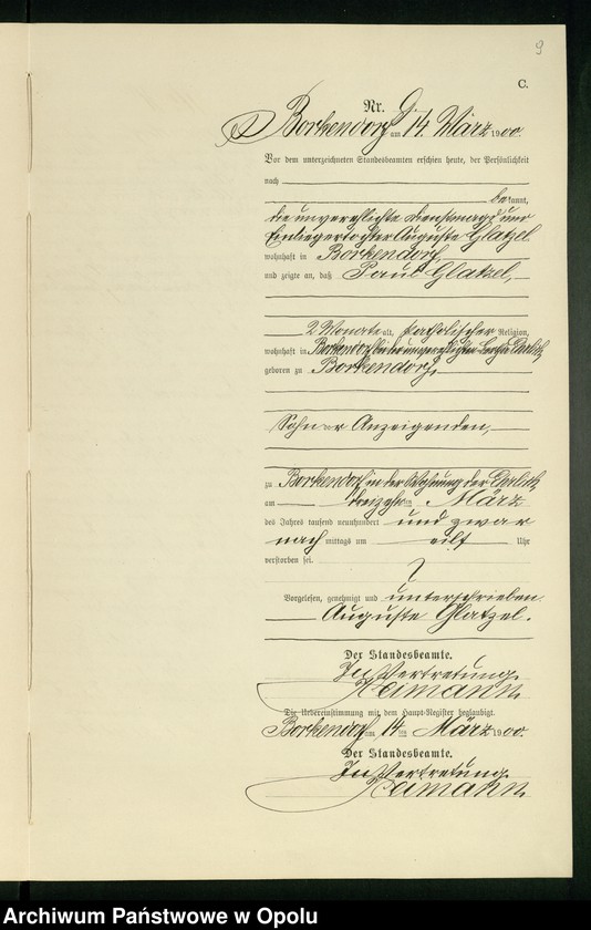 Obraz 13 z jednostki "Sterbe-Neben-Register des Standesamts Borkendorf pro 1900"