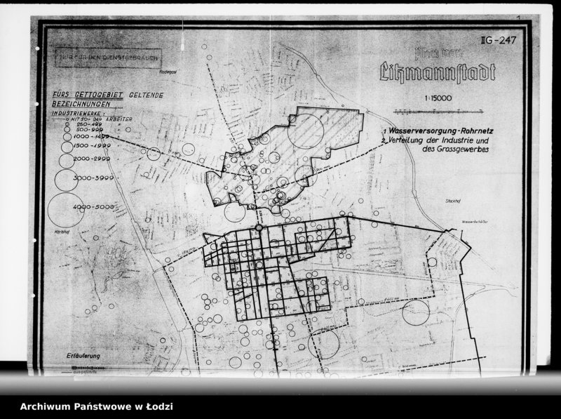 Obraz 4 z jednostki "Monatsberichte [Wydziałów G.V. Plan rozmieszczenia zakładów przemysłowych w Getcie według liczby robotników]"
