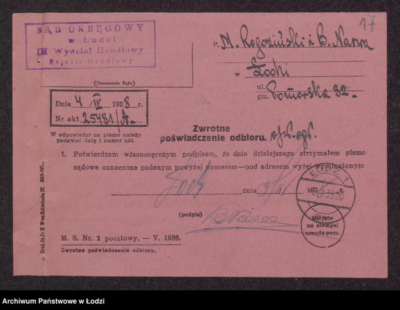 Obraz 19 z jednostki "Mordka Rogoziński, Beniamin Narwa- wyrób i sprzedaż przędzy"