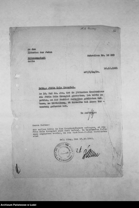 Obraz 19 z jednostki "[Korespondencja PSŻ z GV, z instytucjami i firmami niemieckimi w sprawie informacji o mieszkańcach getta: ich adresach, majątku, narodowości itp. – w związku z rentami i wierzytelnościami]"