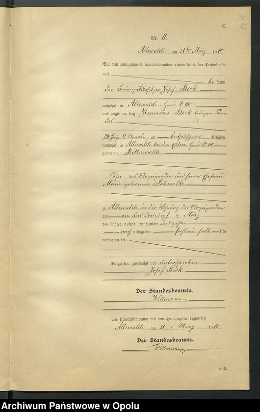 Obraz 16 z jednostki "Sterbe-Register (Neben-Register) Standesamt Altewalde 1910 No. 1 bis 45"