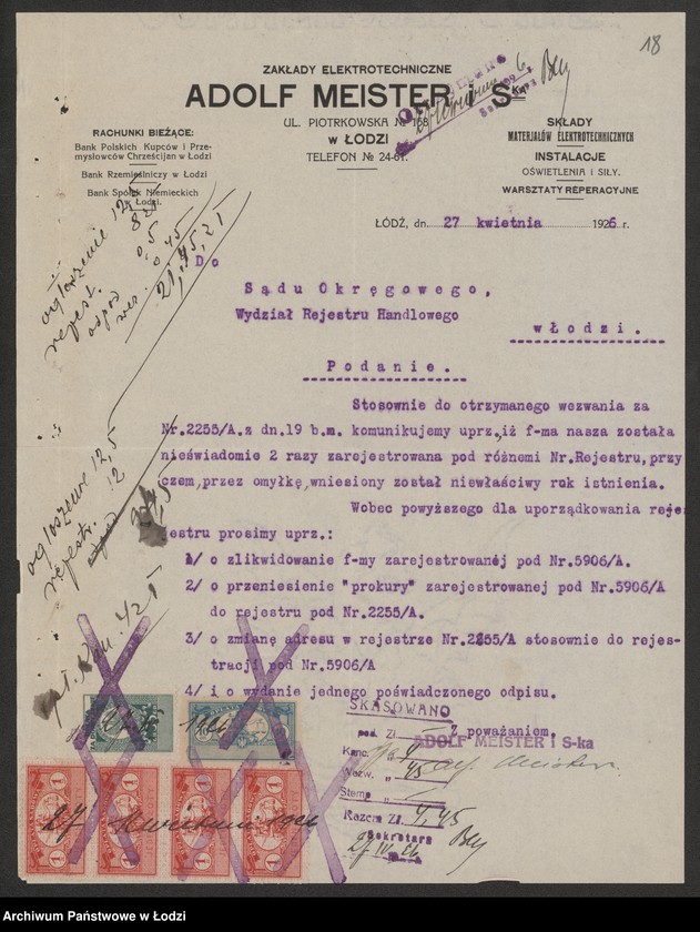 Obraz 20 z jednostki "Adolf Meister i S-ka- warsztaty elektrotechniczne i biuro instalacyjne"