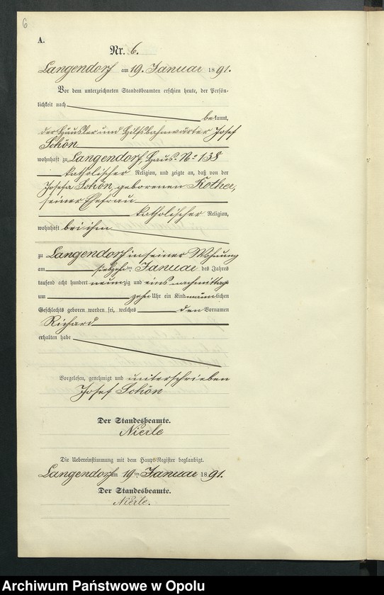 Obraz 10 z jednostki "Geburts-Neben-Register des Standesamts Langendorf pro 1891"