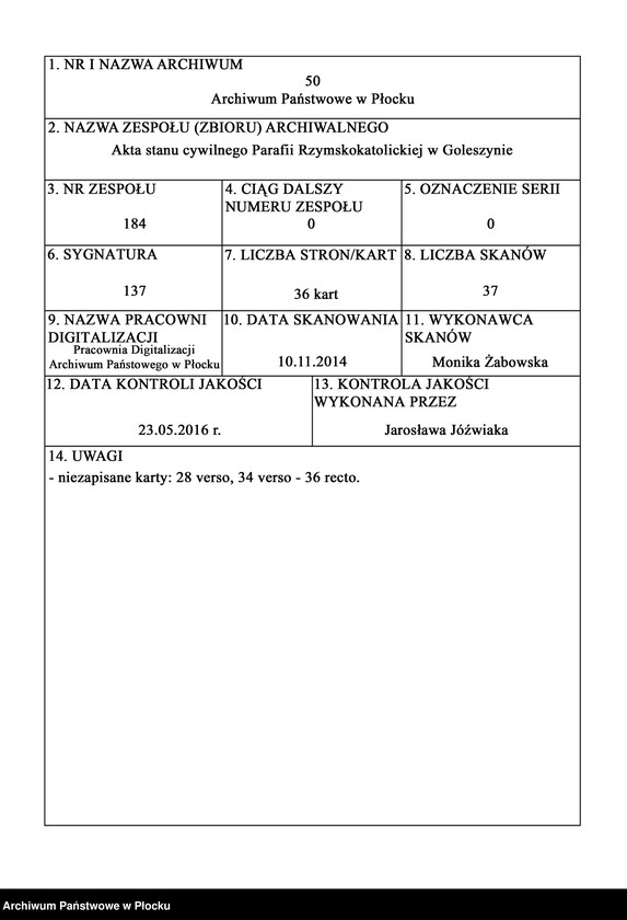 Obraz 1 z jednostki "Akta urodzeń, małżeństw i zgonów"