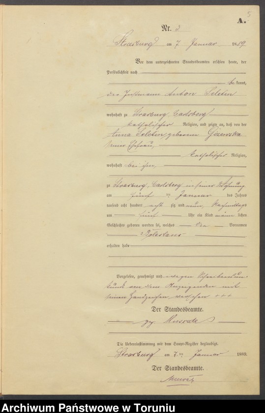image.from.unit.number "Geburts-Neben-Register Strasburg W/Pr. für das Jahr 1889"
