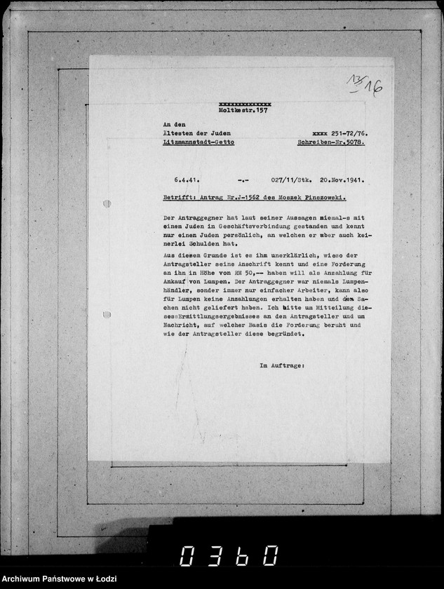 Obraz 20 z jednostki "J.1561-1580 [Wnioski Żydów z Getta o zwrot należności za towar wzięty na kredyt]"