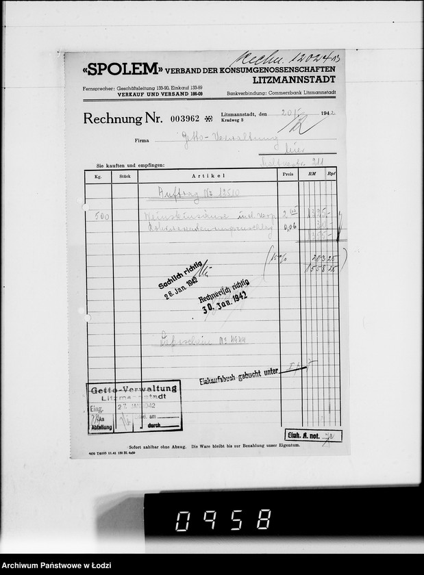 Obraz 17 z jednostki ""Społem" Rechnungen [za dostawy towarów dla Getta]"