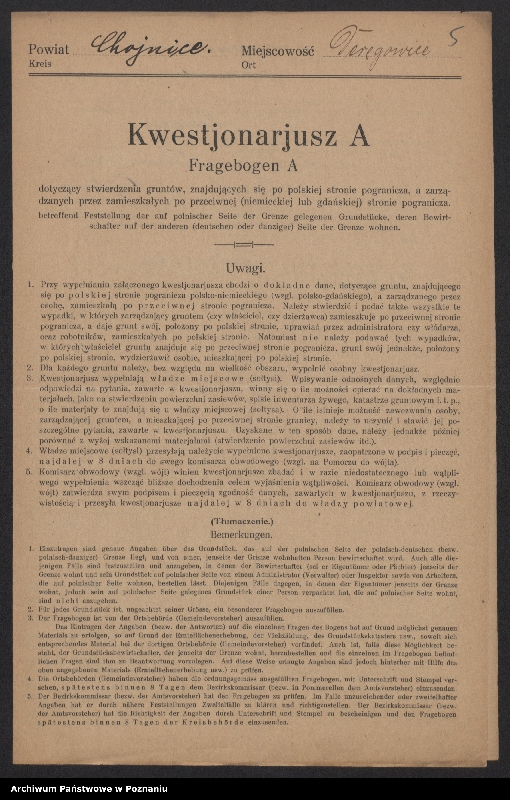 Obraz 6 z jednostki "[Kwestionariusze dotyczące stwierdzenia gruntów znajdujących się po polskiej stronie pogranicza a zarządzanych przez zamieszkałych po stronie niemieckiej] powiat chojnicki"