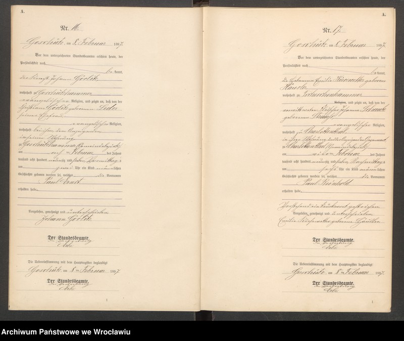 Obraz 11 z jednostki "księga urodzeń Urzędu Stanu Cywilnego w Goszczu (Goschütz) 1897"